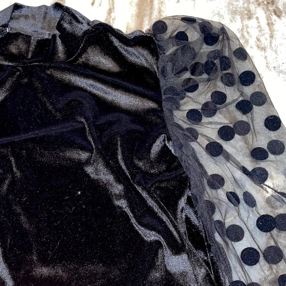 Black Mesh Polka Dot Sleeve Velvet Mini Dress - Picture 3 of 6